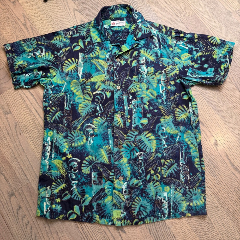 50s Alfred Shaheen Idol Forest Handprinted Tiki Hawaiian Shirt Teal Navy Mens‎ S